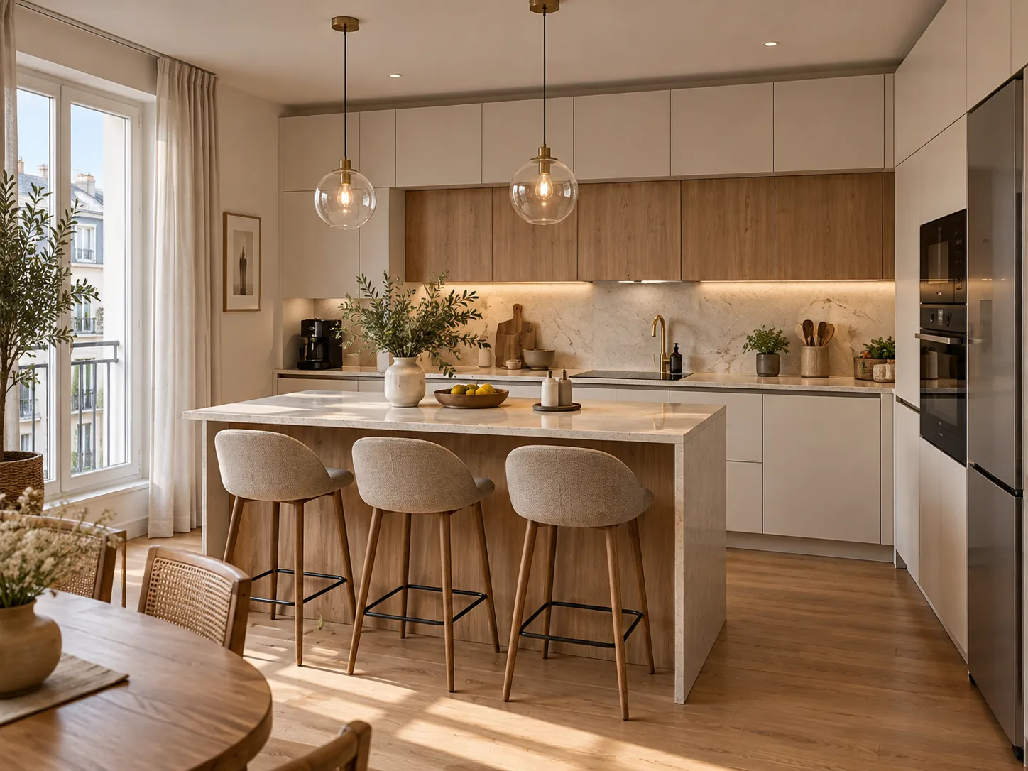 Étude de cuisine claire avec îlot et façades crème et bois