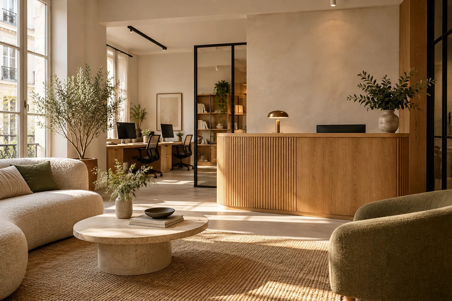 Visualisation d’intention d’un espace professionnel avec accueil en bois, assises et postes de travail