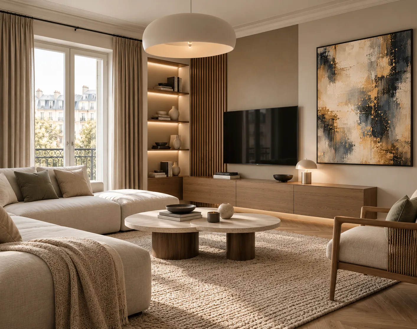 Exploration de salon avec bibliothèque et mobilier en bois
