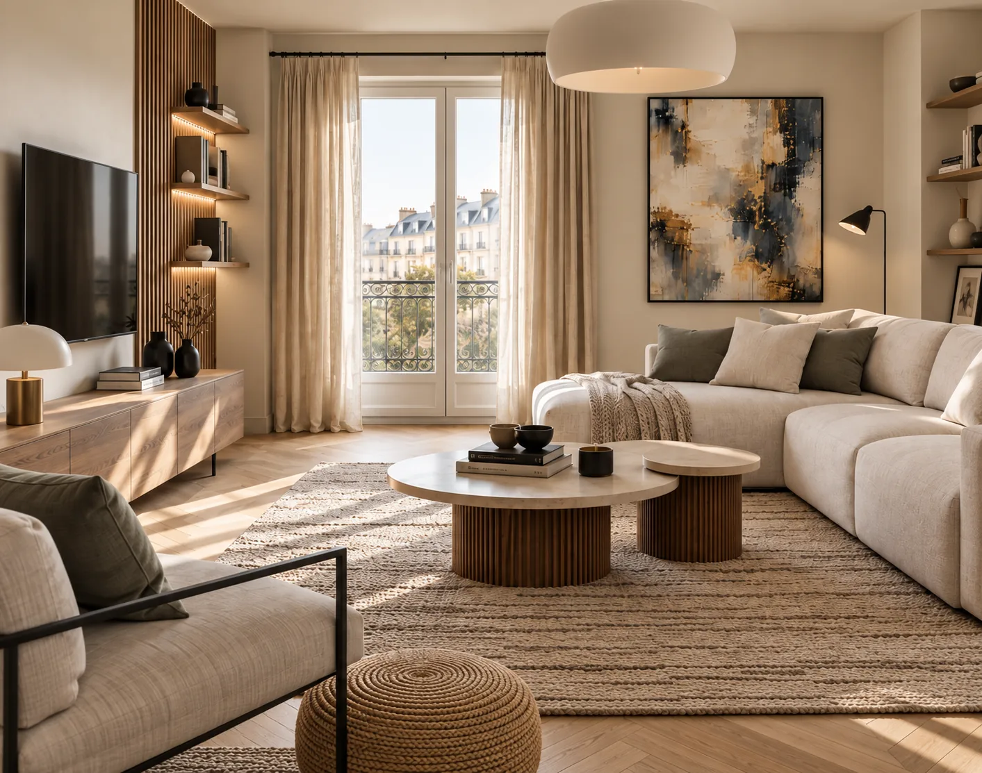 Étude de salon lumineux avec parquet et mobilier en bois