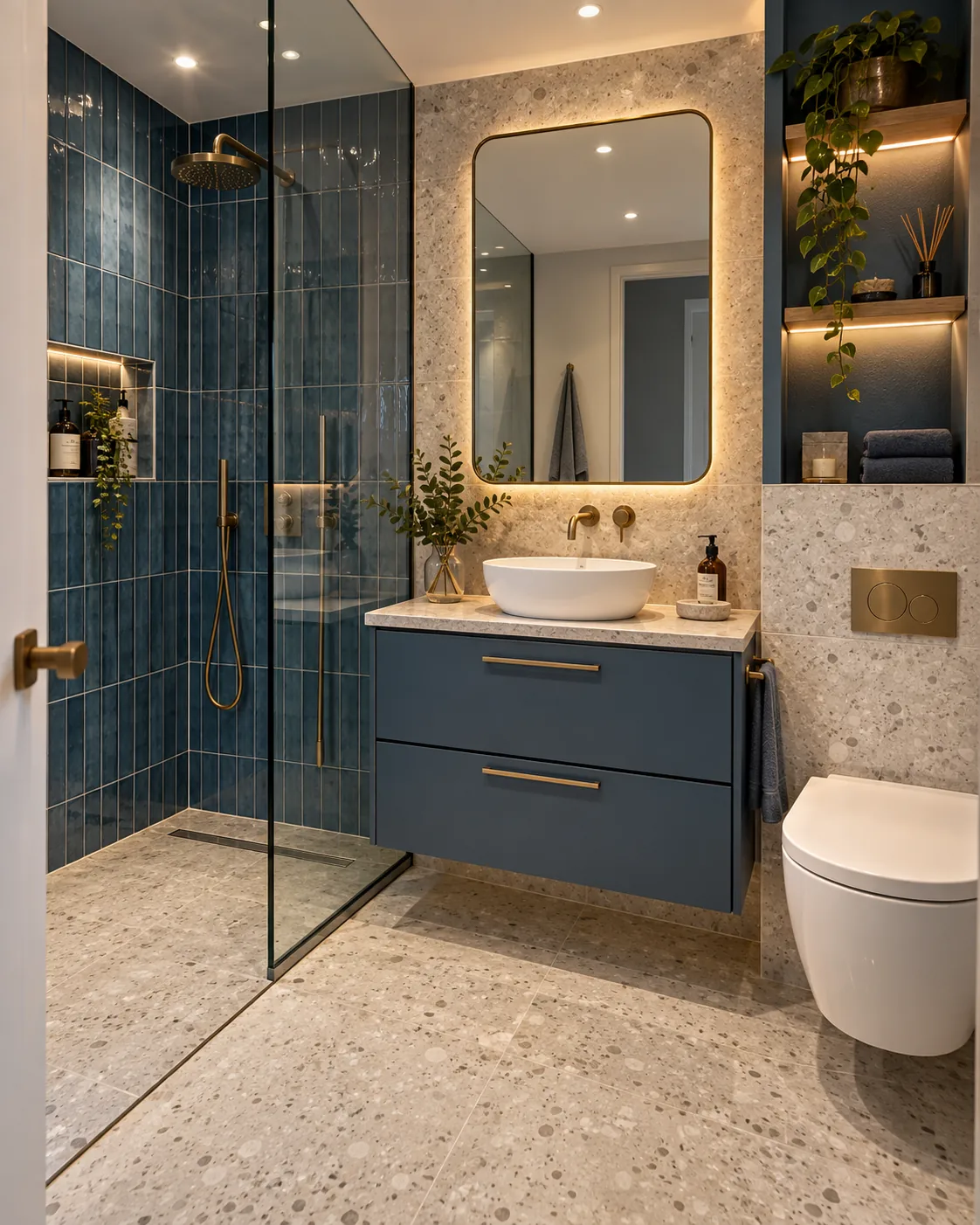 Étude de salle de bain compacte avec douche, faïence bleu profond et meuble vasque.