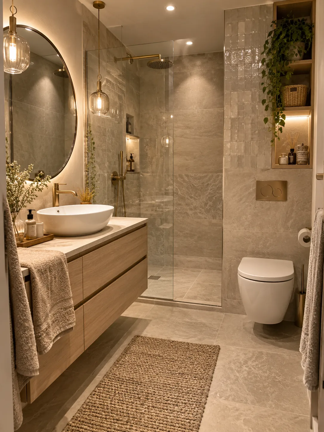 Étude de salle de bain avec douche, vasque en bois et palette chaleureuse.