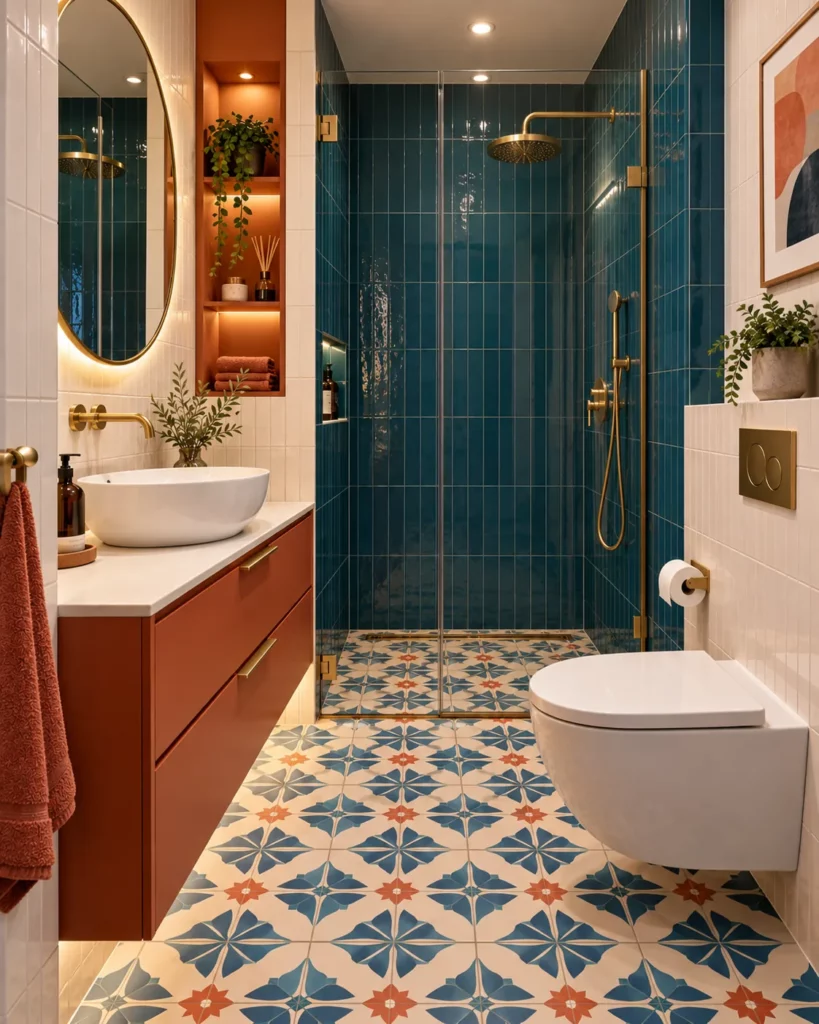 Étude de salle de bain avec carreaux colorés, douche et rangements.