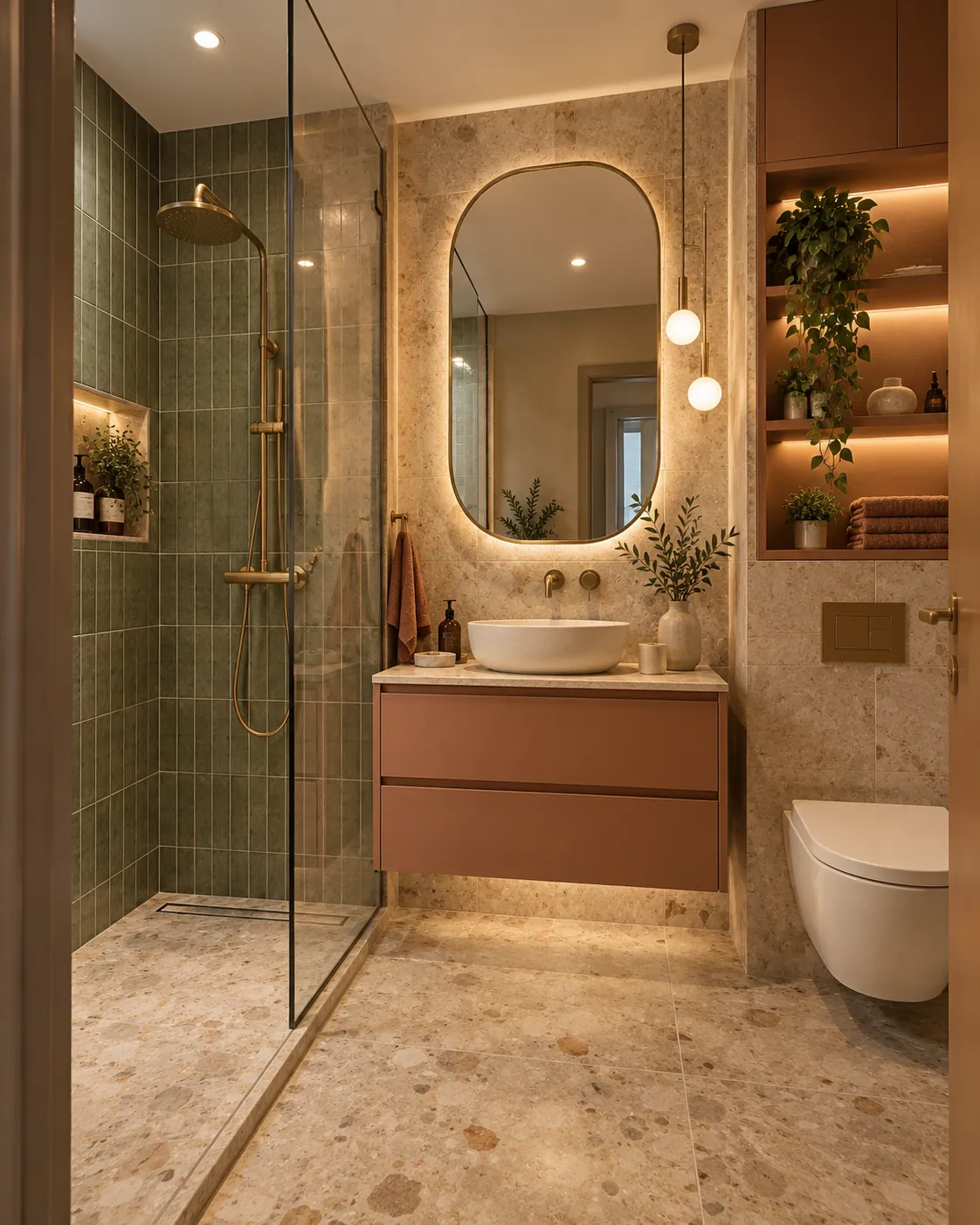 Étude de salle de bain compacte aux tons terre cuite, douche et vasque.