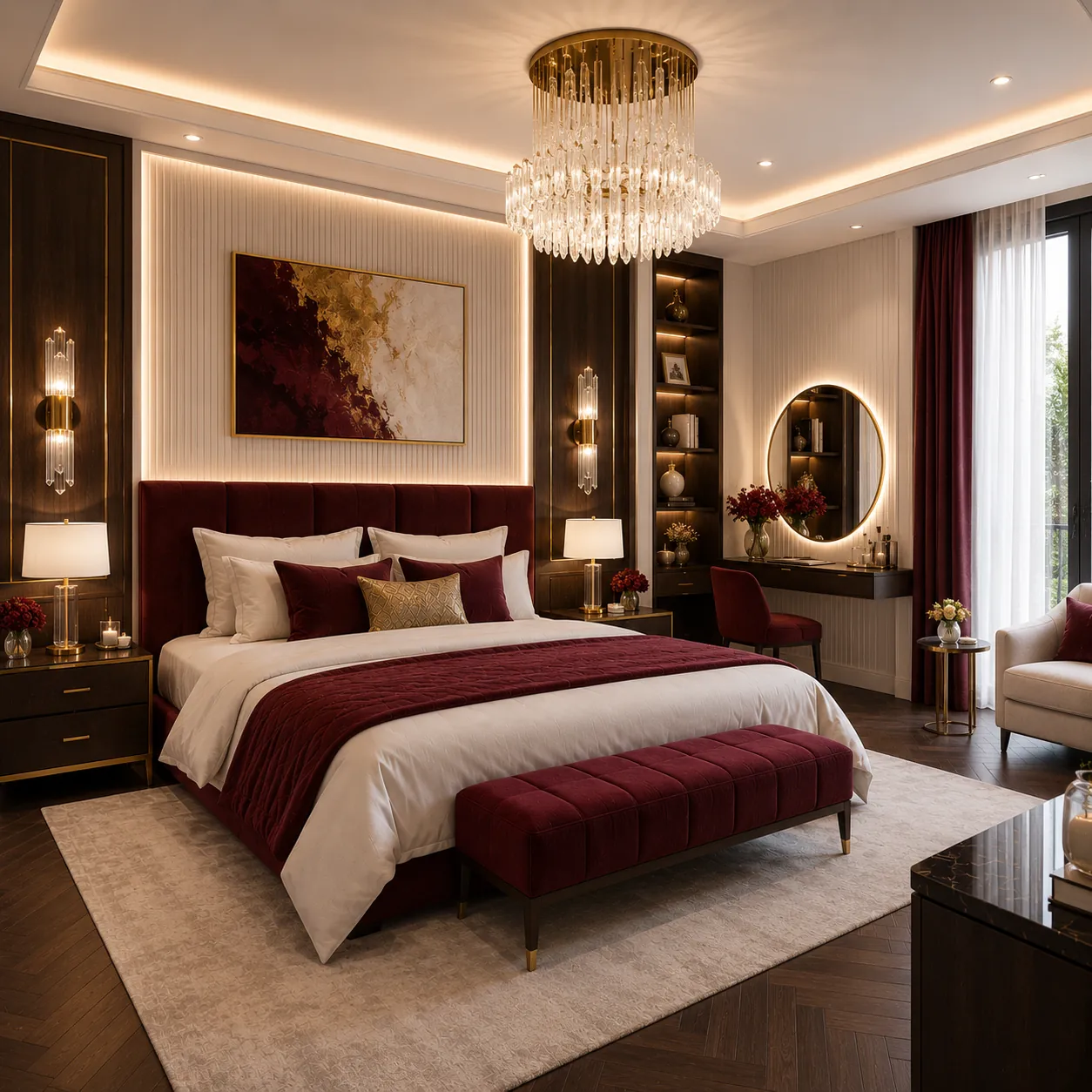 Chambre luxueuse aux accents bordeaux, bois foncé et éclairage doux.