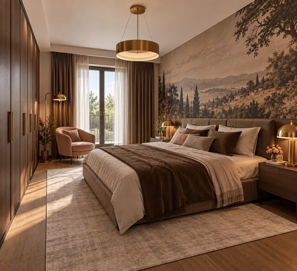 Étude de chambre aux tons brun et rose discret avec papier peint panoramique.