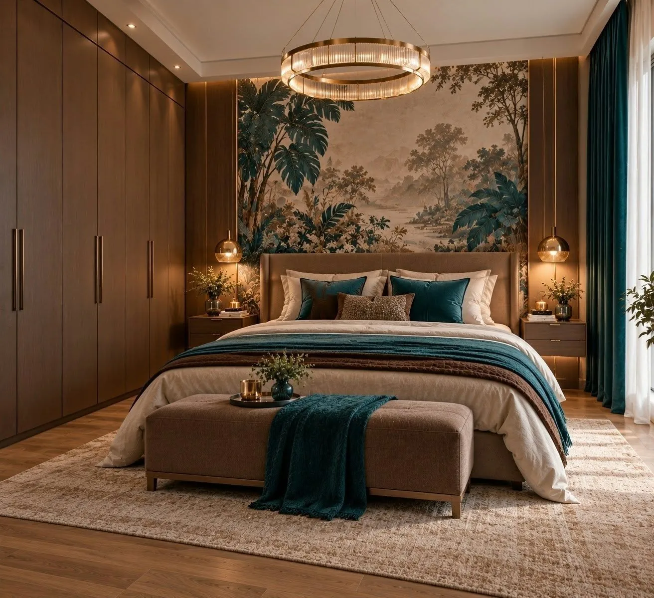 Exploration de chambre avec papier peint végétal, placards et touches turquoise.