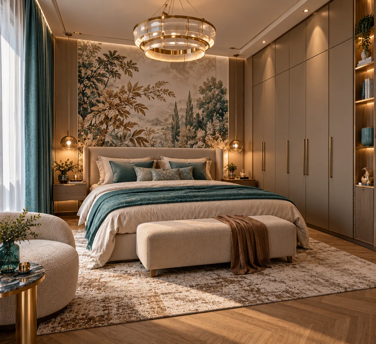 Autre exploration de chambre avec placards bois et accents turquoise.