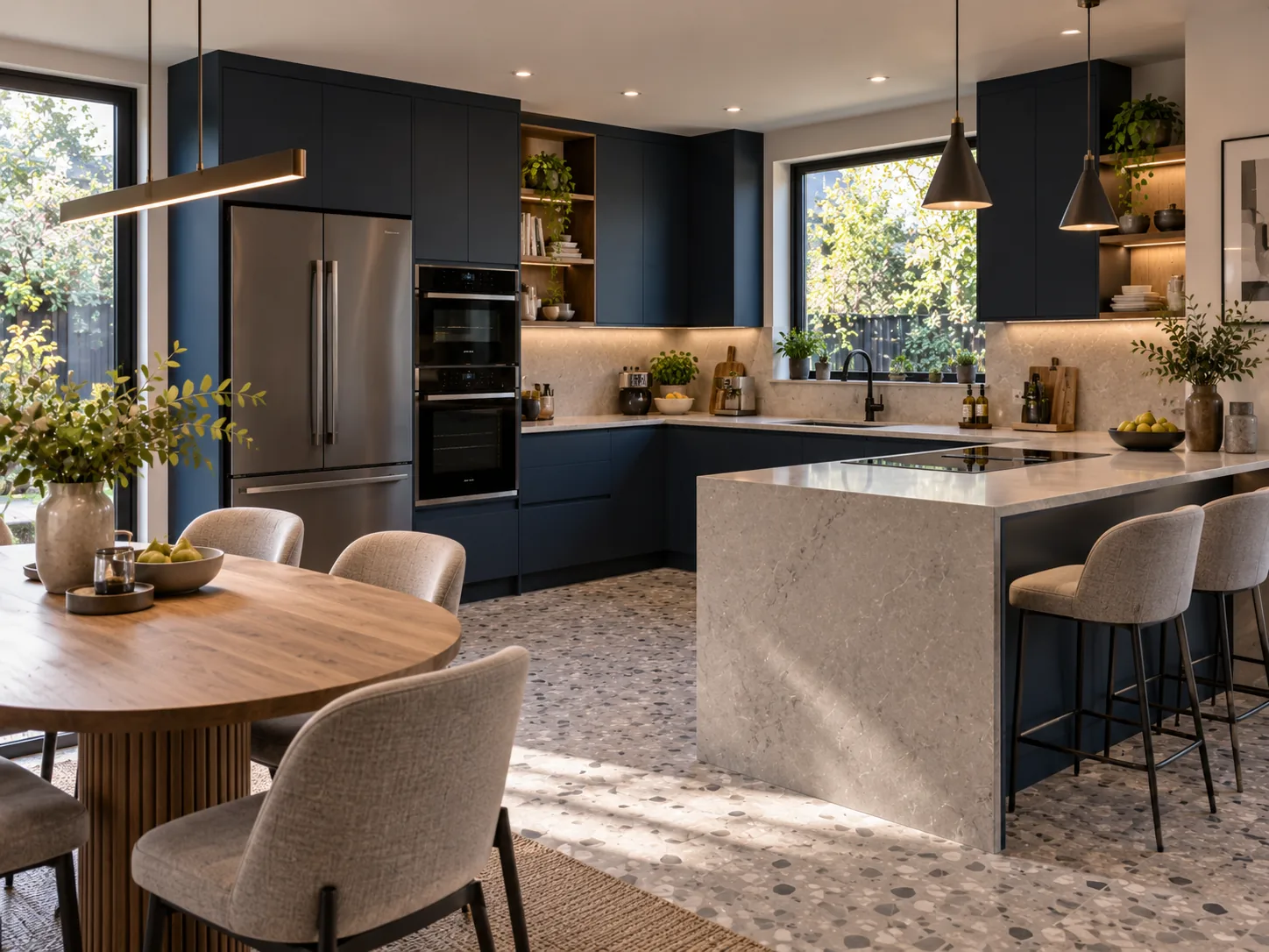 Étude de cuisine bleu profond avec îlot, lumière naturelle et rangements.
