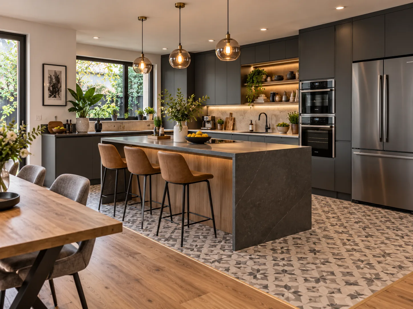 Étude de cuisine avec façades foncées, bois, végétal et îlot central.