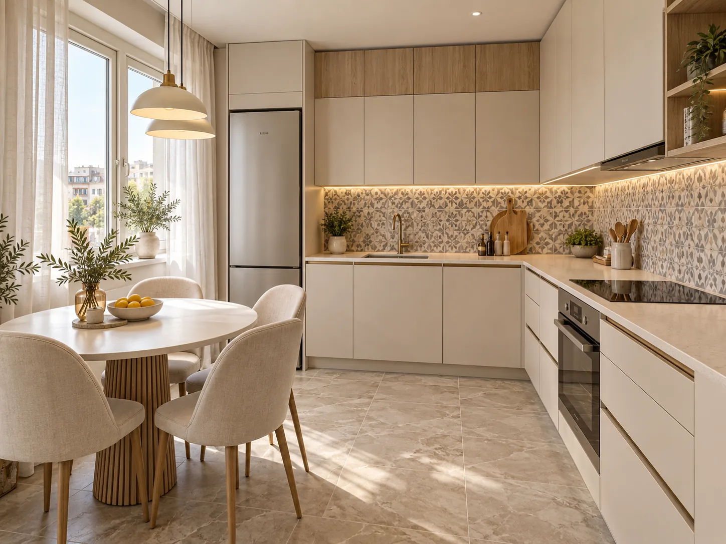 Étude de cuisine claire avec table intégrée, bois et lumière naturelle.
