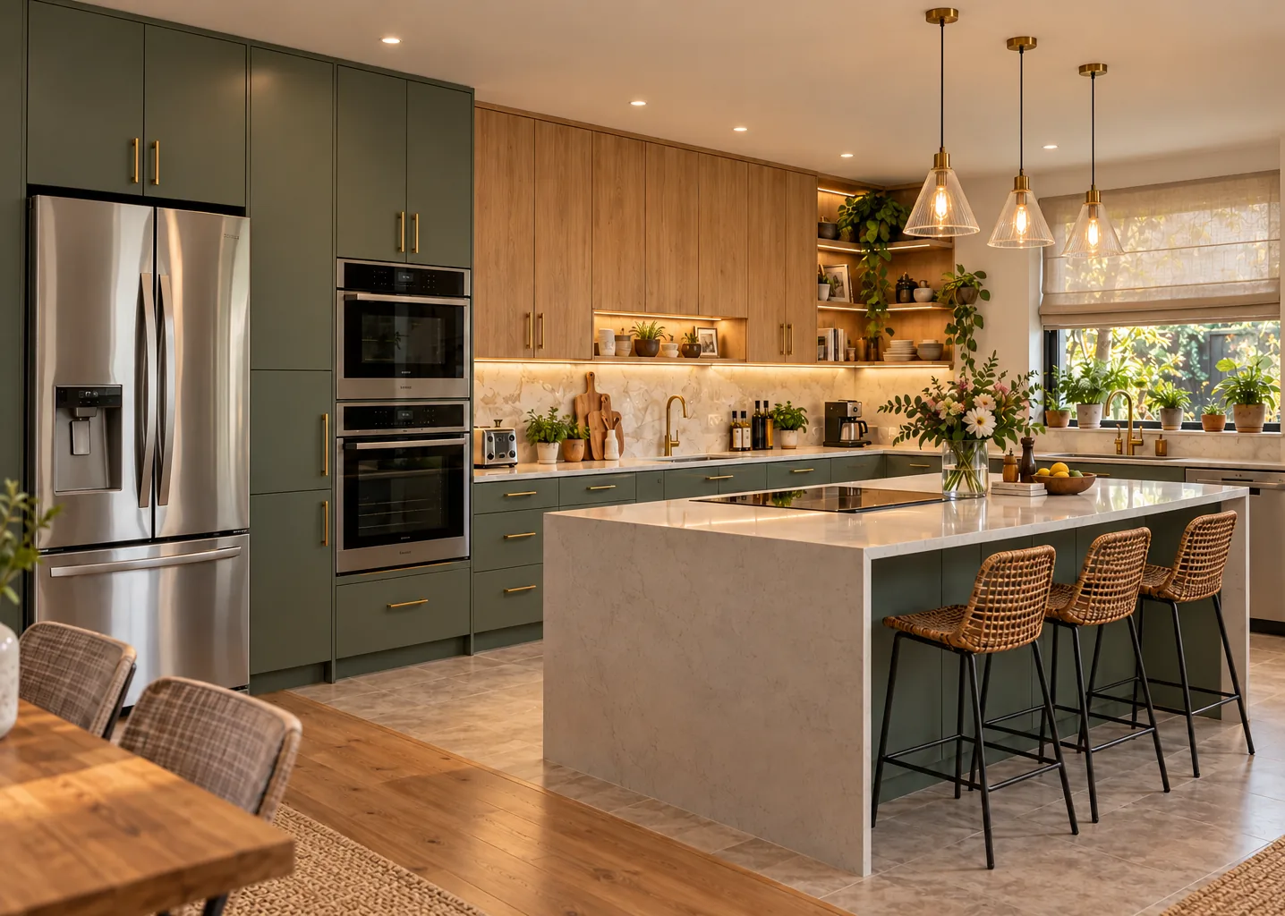 Étude de cuisine vert profond et bois avec îlot et lumière naturelle.