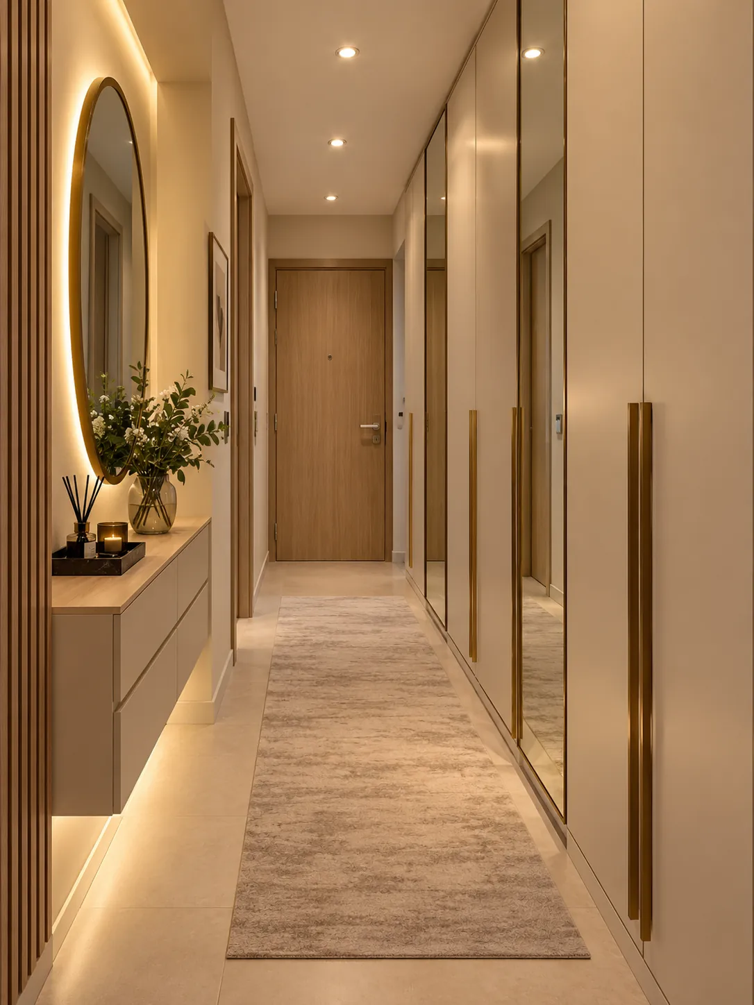 Étude de couloir d’entrée avec rangements toute hauteur, assise et éclairage intégré.