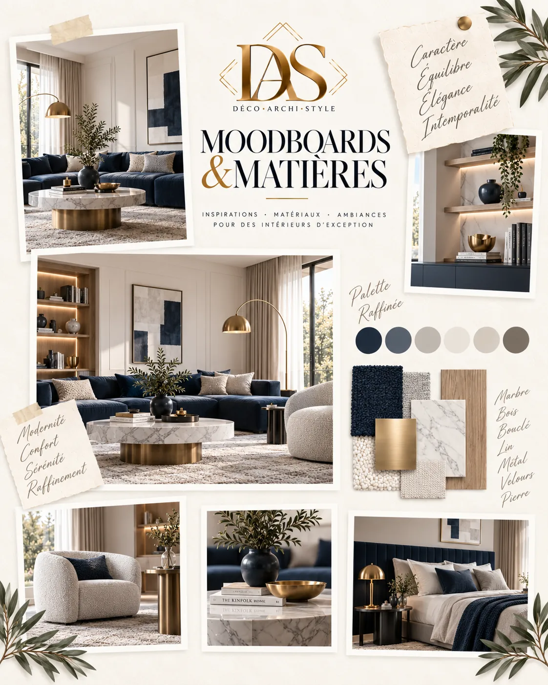 Planche d’ambiance intérieure bleu profond, beige et métal.