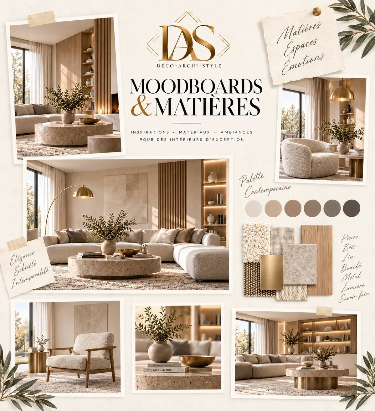 Planche d’ambiance de mobilier et de matières dans une palette claire.