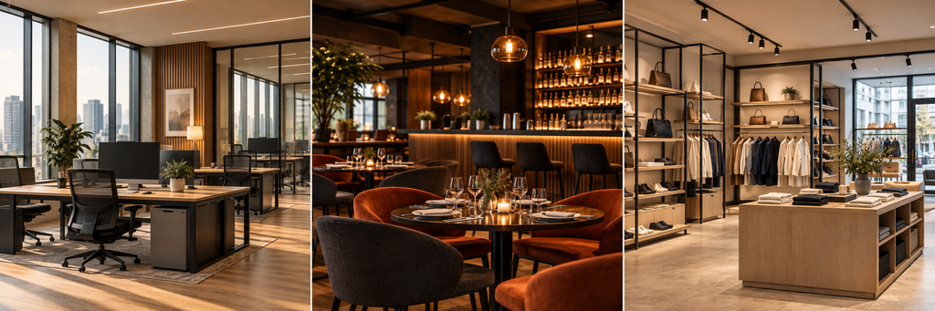 Exemples d’aménagements professionnels : bureau, bar-restaurant et boutique contemporains.